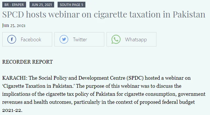 SPCD hosts webinar on cigarette taxation in Pakistan