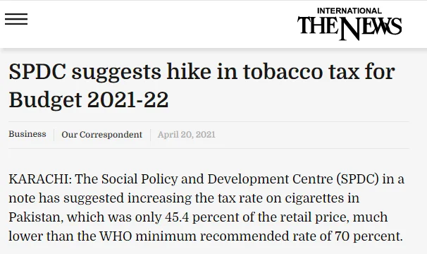 SPDC suggests hike in tobacco tax for Budget 2021-22