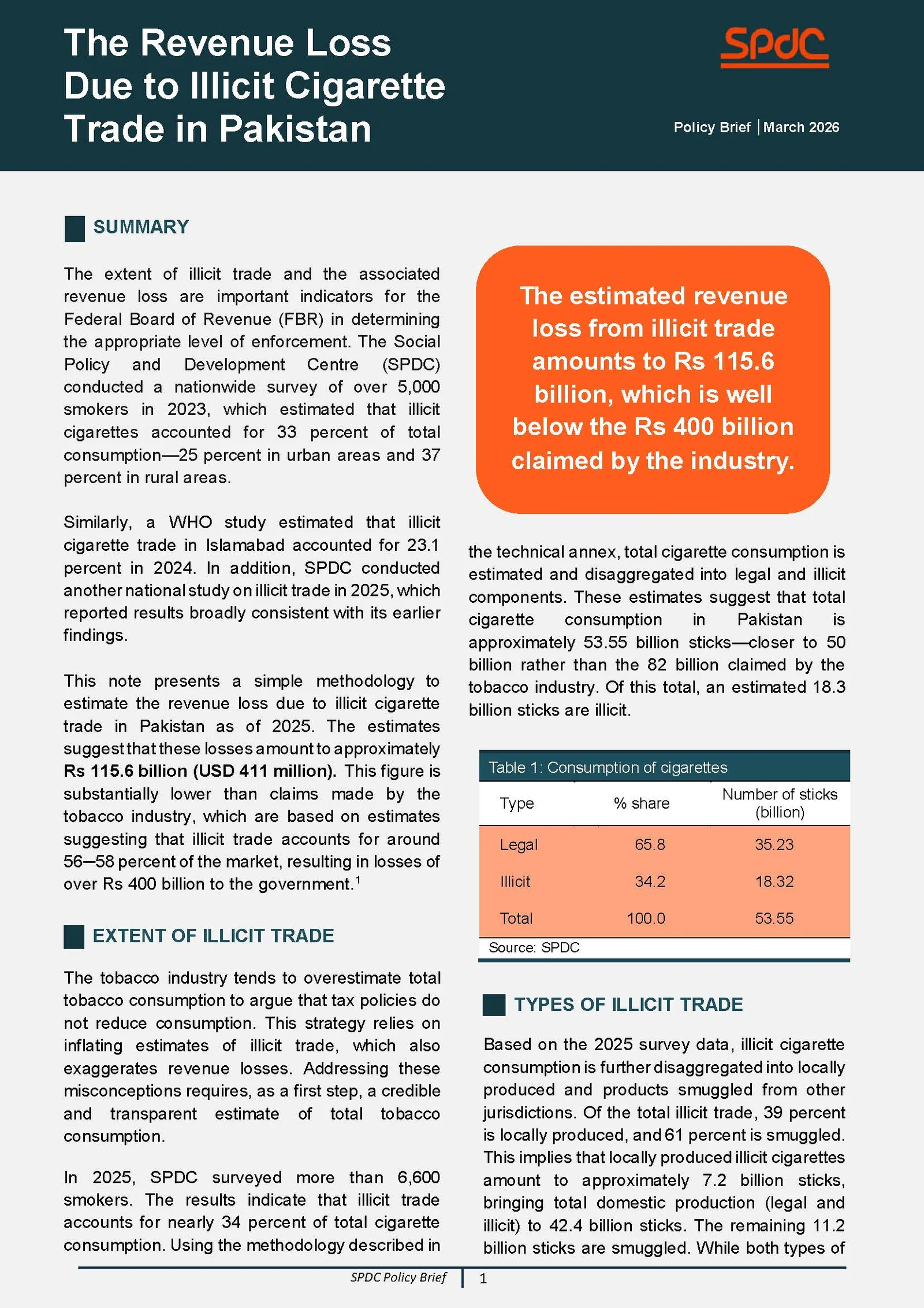 The Revenue Loss due to Illicit Cigarette Trade in Pakistan