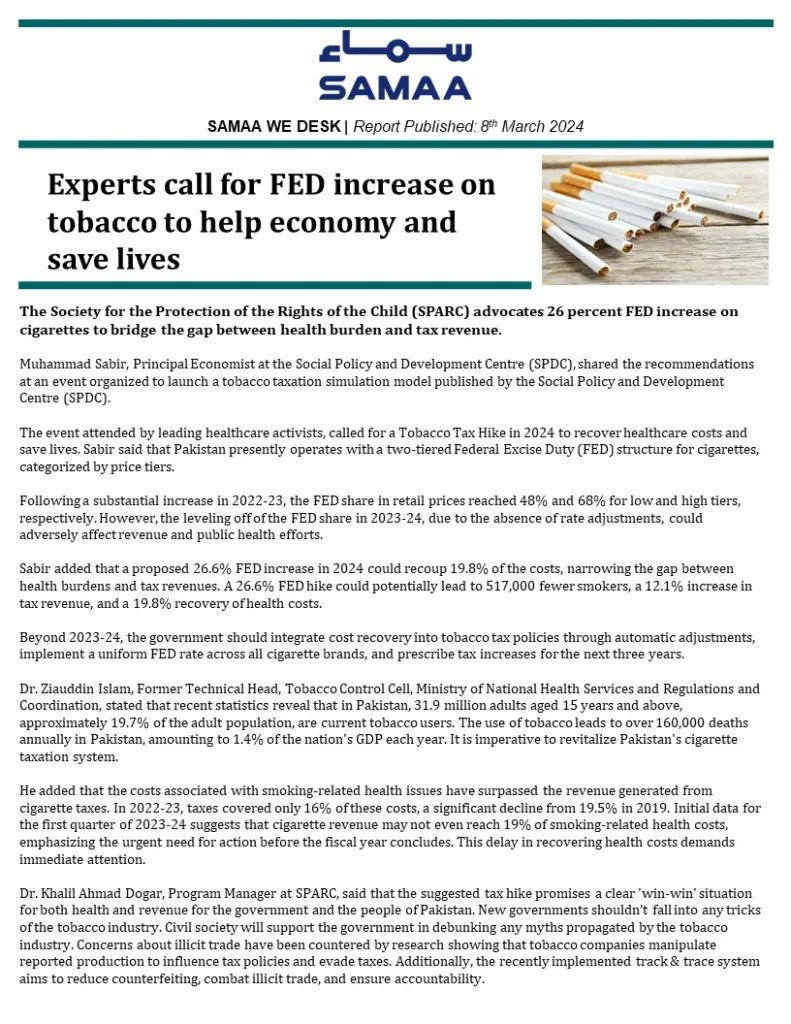 Experts call for FED increase on tobacco to help economy and save lives