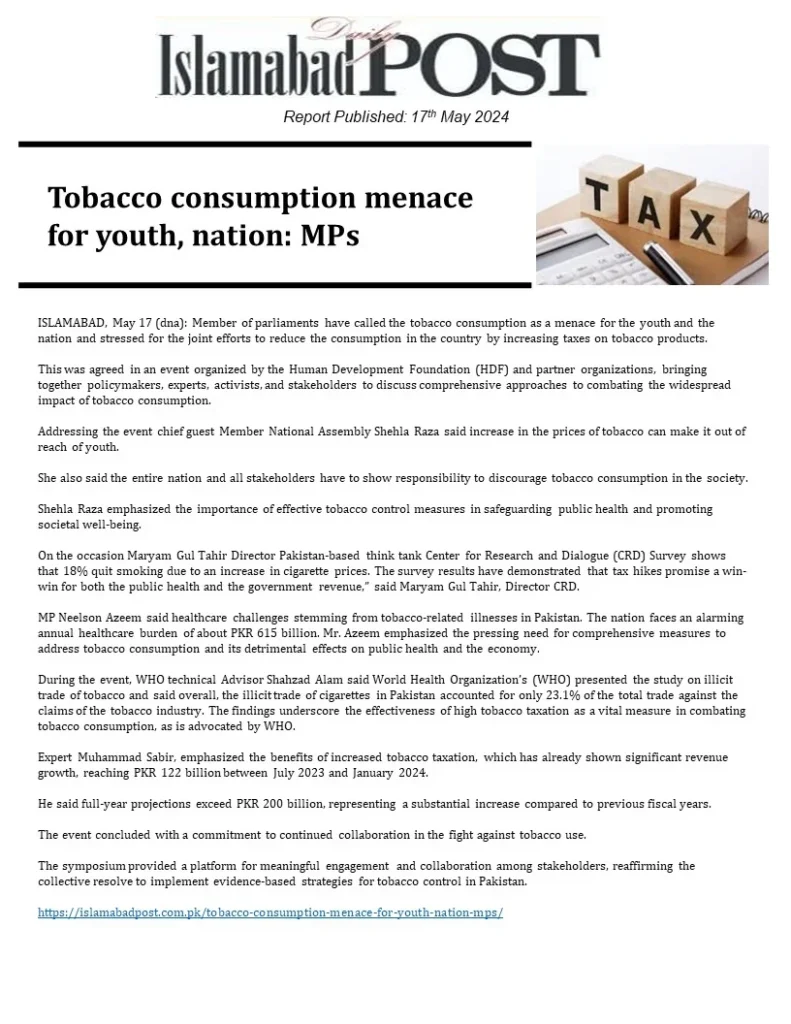 Tobacco consumption menace for youth, nation: MPs